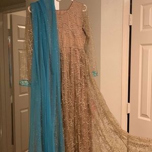 Pearl Embroided Golden Dress w/ Light Blue Border